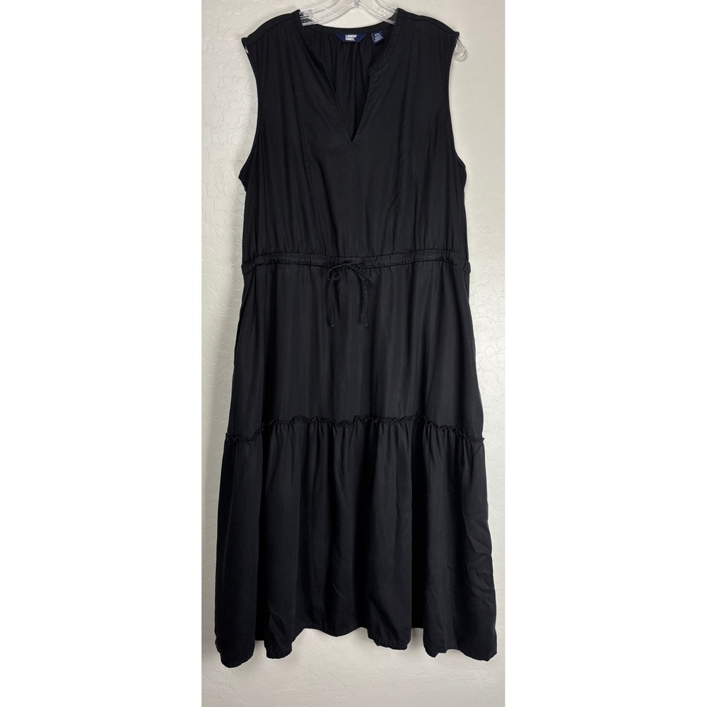 Lands End Womens XXL Black Lyocell Sleeveless Tiered Midi Dress Pockets 2444